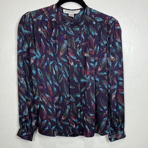 Lauren Alexandra Vintage Silk Feather Print Blouse Top Size 8P
